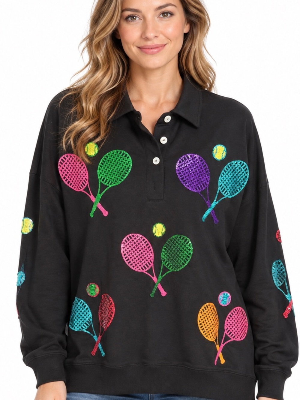 Fantastic Fawn Black Relaxed Top pink blue green yellow sequin tennis rackets